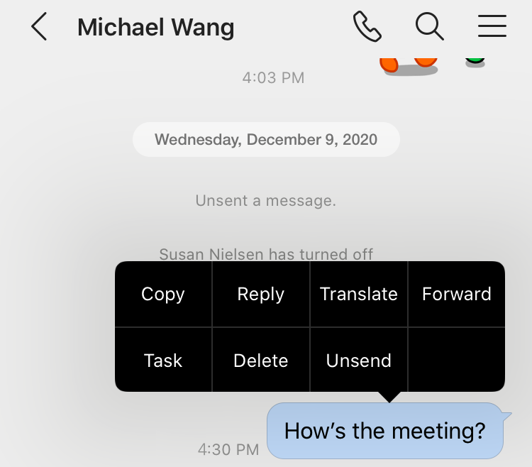Tap and hold the message you want to recall from the message room. 